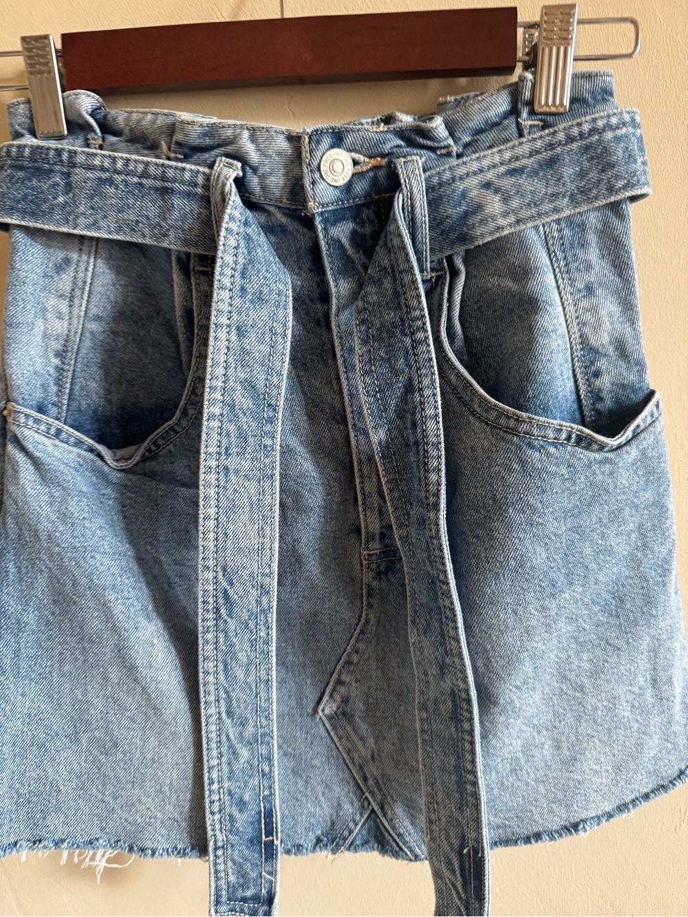 High-Rise Light Blue Denim Paperbag Waist Skirt with Tie Belt